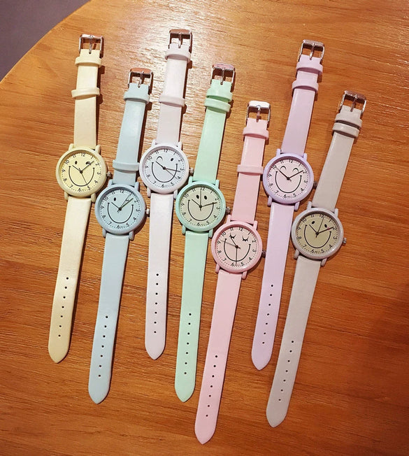 Watch Belt Alloy Case Imitation Leather Strap Cartoon Smiley Face Style For Women