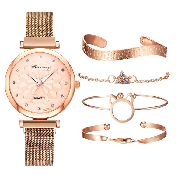 Watch Bracelet Fashion Cat Ear Flower Magnet Buckle Milan Mesh Stainless Steel Alloy Band For Female