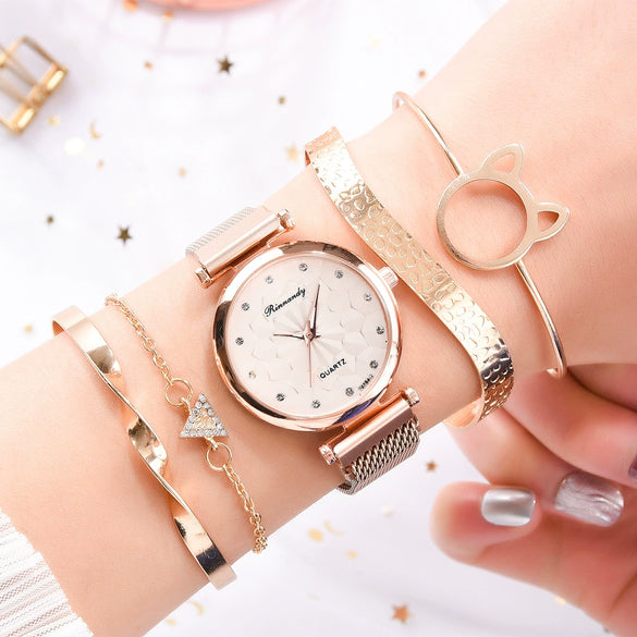 Watch Bracelet Fashion Cat Ear Flower Magnet Buckle Milan Mesh Stainless Steel Alloy Band For Female