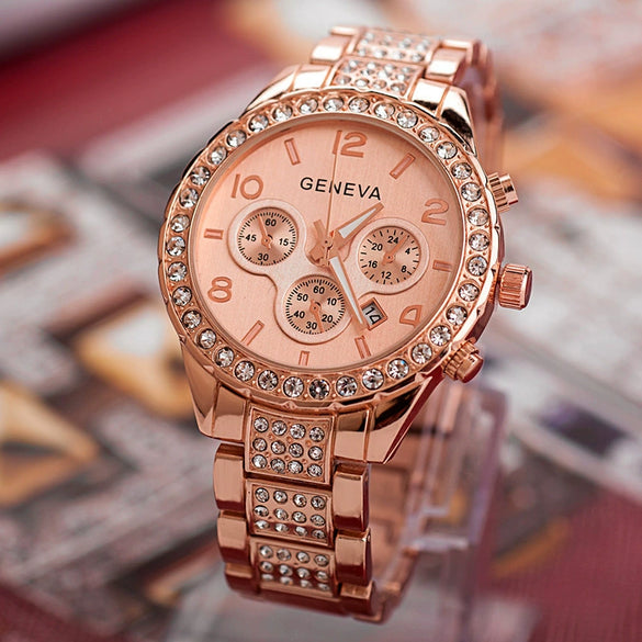 Watch Diamond Threeeye Steel Band Calendar Watch Women's Fashion Casual Mechanical Watch