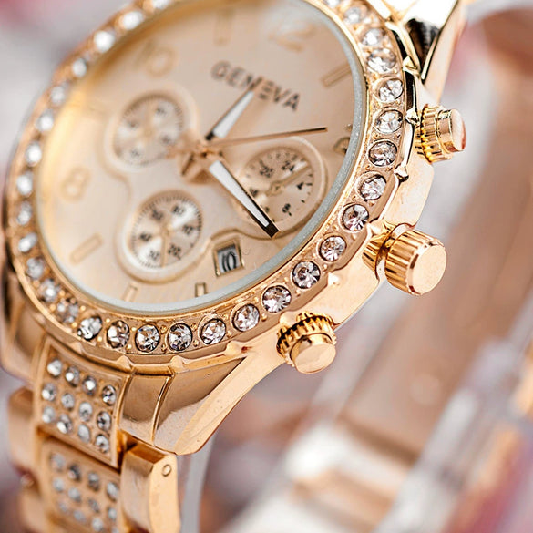 Watch Diamond Threeeye Steel Band Calendar Watch Women's Fashion Casual Mechanical Watch