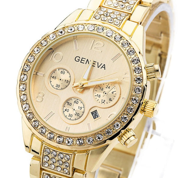 Watch Diamond Threeeye Steel Band Calendar Watch Women's Fashion Casual Mechanical Watch