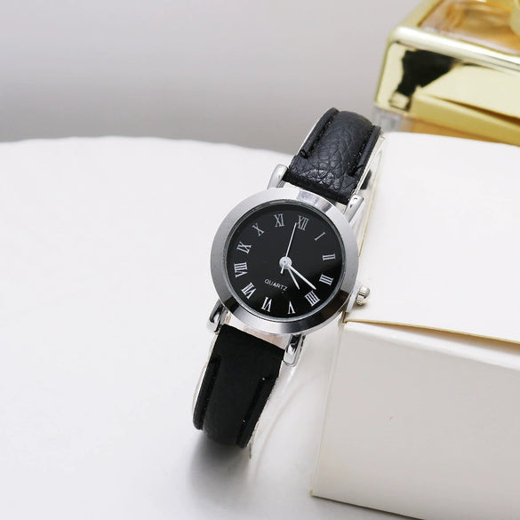 Watch Female Simple Vintage Artistic Thin Band Round Dial Quartz Alloy Pu Stainless Steel
