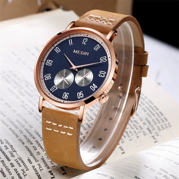 Watch Men's Simple Waterproof Luminous Leather Business Sports Alloy Mineral Strengthened Mirror Round