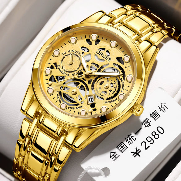 Watch Metal Alloy Rose Gold Round Quartz Automatic Movement Hollow Luminous Waterproof Business Style For Men