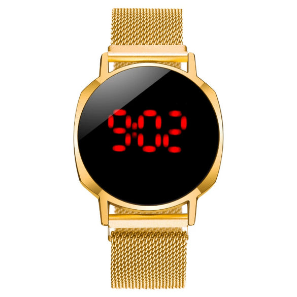 Watch Metal Lazy Magnet Woven Strap Round Dial Digital Led Touch Screen