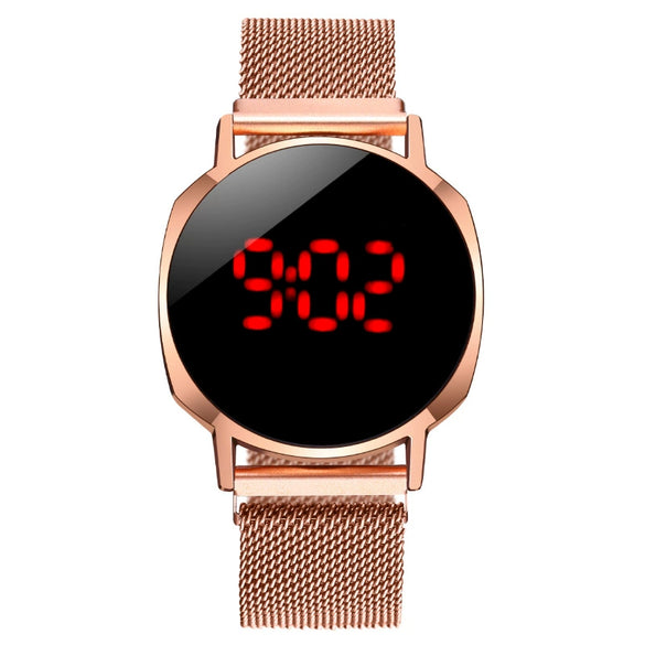 Watch Metal Lazy Magnet Woven Strap Round Dial Digital Led Touch Screen