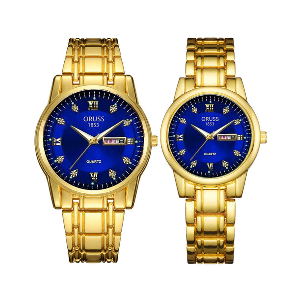 Watch Metal Round Case Fine Steel Strap Stainless Steel Buckle Simple Style Waterproof Luminous Calendar Quartz Couple's