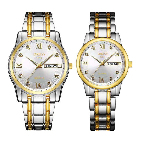Watch Metal Round Case Fine Steel Strap Stainless Steel Buckle Simple Style Waterproof Luminous Calendar Quartz Couple's