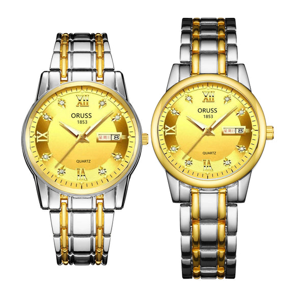 Watch Metal Round Case Fine Steel Strap Stainless Steel Buckle Simple Style Waterproof Luminous Calendar Quartz Couple's
