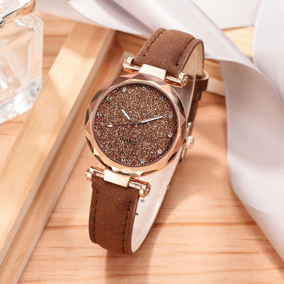 Watch Silver Pink Rhinestone Round Dial Plastic Case Imitation Leather Strap Women's Casual