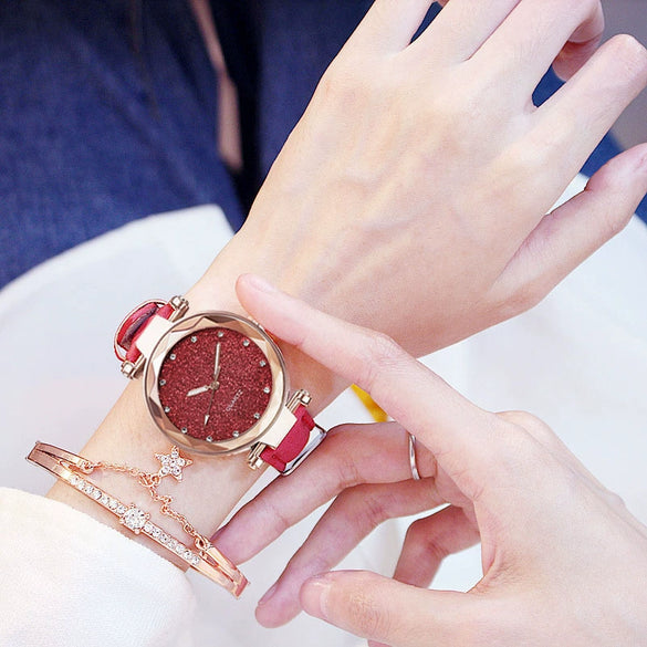 Watch Silver Pink Rhinestone Round Dial Plastic Case Imitation Leather Strap Women's Casual