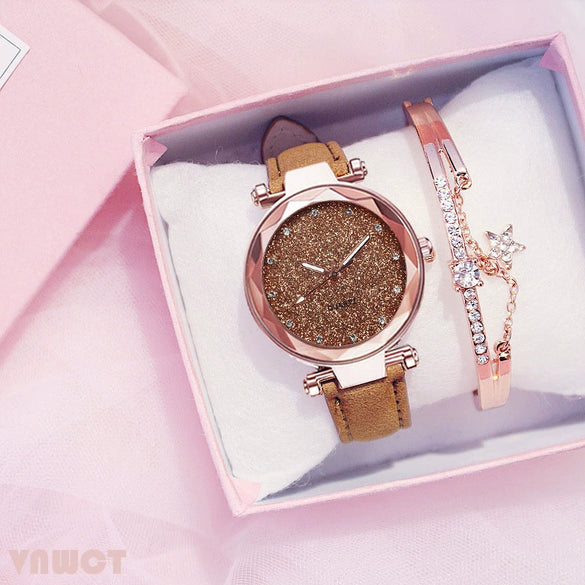 Watch Silver Pink Rhinestone Round Dial Plastic Case Imitation Leather Strap Women's Casual