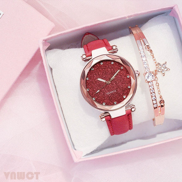 Watch Silver Pink Rhinestone Round Dial Plastic Case Imitation Leather Strap Women's Casual