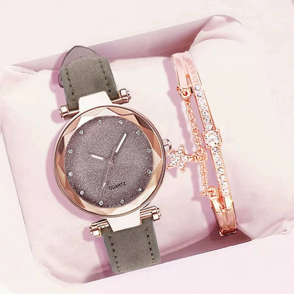 Watch Silver Pink Rhinestone Round Dial Plastic Case Imitation Leather Strap Women's Casual