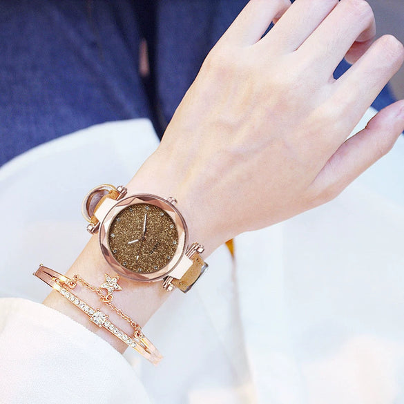 Watch Silver Pink Rhinestone Round Dial Plastic Case Imitation Leather Strap Women's Casual