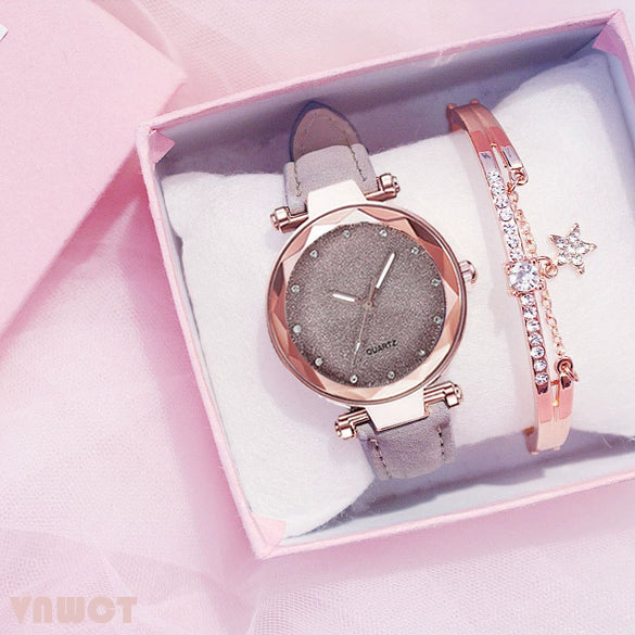 Watch Silver Pink Rhinestone Round Dial Plastic Case Imitation Leather Strap Women's Casual