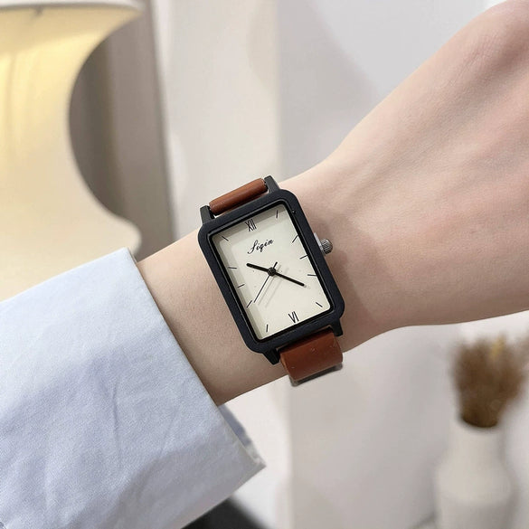 Watch Square Pu Strap Alloy Case Ordinary Glass Mirror Leisure Style For Women And Middle School Students