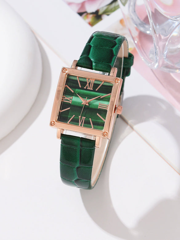 Watch Square Slub Pattern Women's Plastic Case Imitation Leather Strap Stainless Steel Buckle Quartz Watch