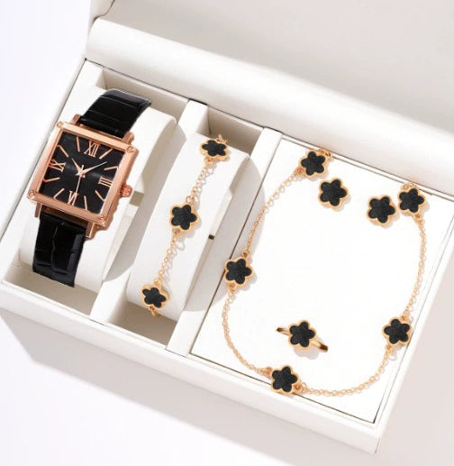 Watch Square Slub Pattern Women's Plastic Case Imitation Leather Strap Stainless Steel Buckle Quartz Watch