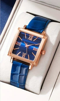 Watch Square Slub Pattern Women's Plastic Case Imitation Leather Strap Stainless Steel Buckle Quartz Watch