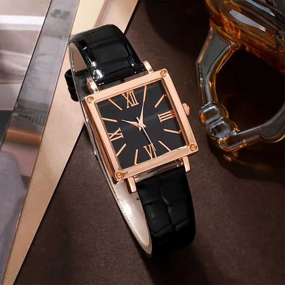 Watch Square Slub Pattern Women's Plastic Case Imitation Leather Strap Stainless Steel Buckle Quartz Watch