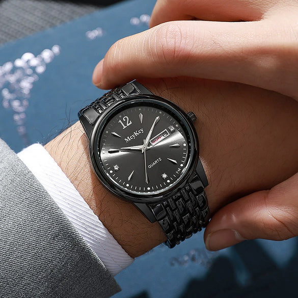 Watch Stainless Steel Alloy Business Round Quartz Display Calendar Week