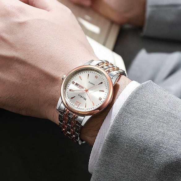 Watch Stainless Steel Alloy Business Round Quartz Display Calendar Week