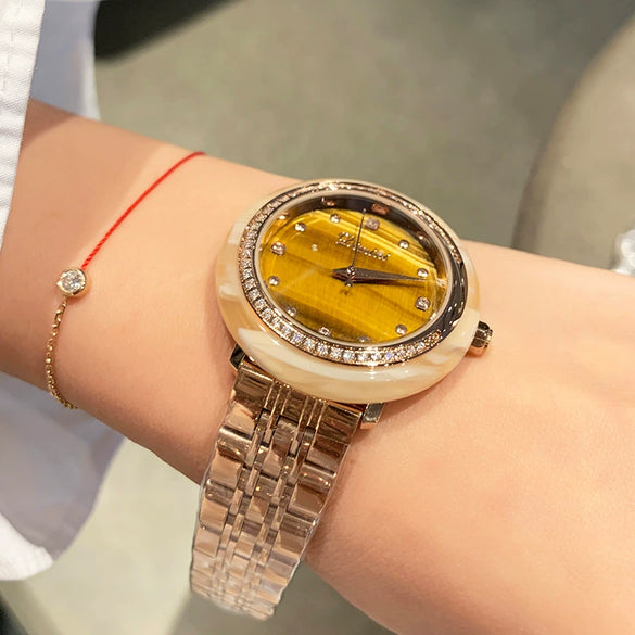 Watch Tiger Eye Stone Gem Fashion Glasses Rubber Ring Hawksbill Pattern Alloy Rose Gold Round