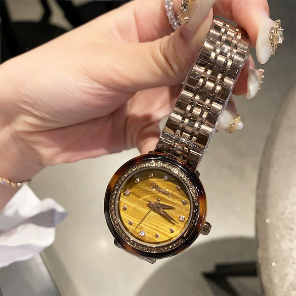 Watch Tiger Eye Stone Gem Fashion Glasses Rubber Ring Hawksbill Pattern Alloy Rose Gold Round