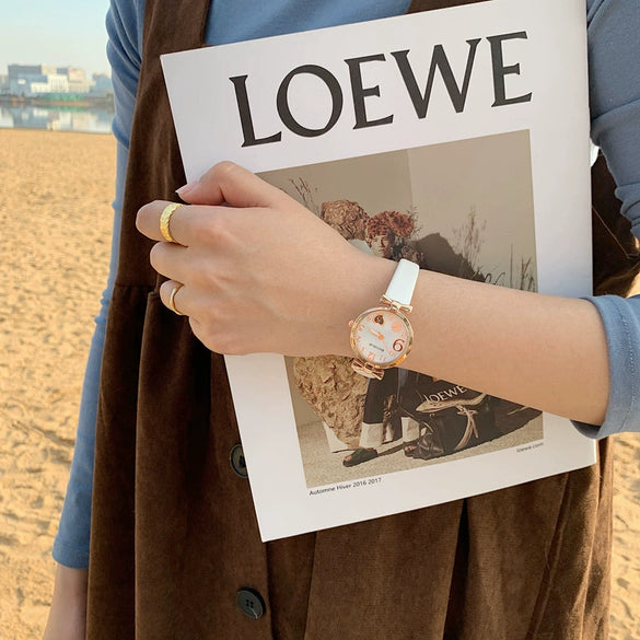 Watch Titanium Alloy Case Imitation Leather Strap Round Dial Retro Artistic Style For Female Students