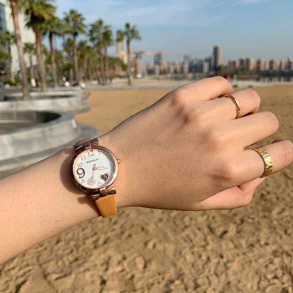 Watch Titanium Alloy Case Imitation Leather Strap Round Dial Retro Artistic Style For Female Students