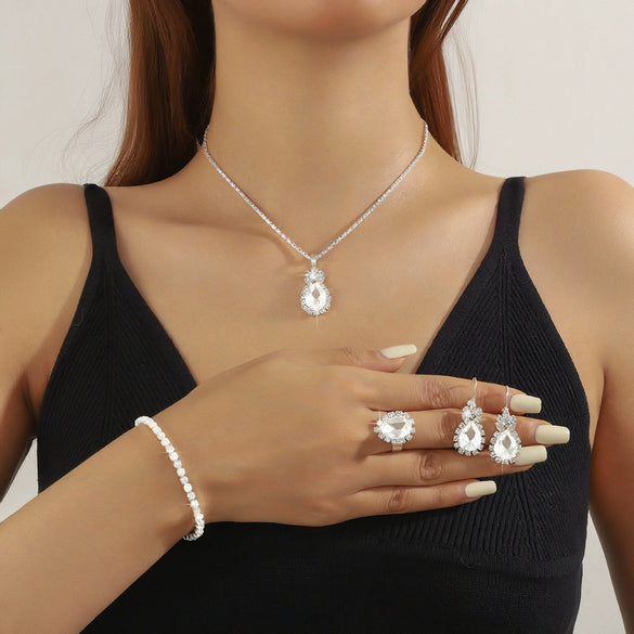 Water Drop Jewelry Set Necklace Earrings Bracelet Ring With Diamond Pendant