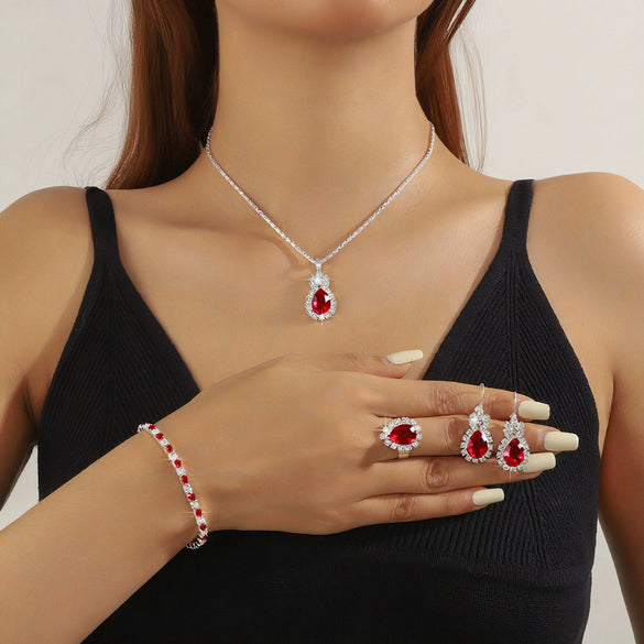 Water Drop Jewelry Set Necklace Earrings Bracelet Ring With Diamond Pendant