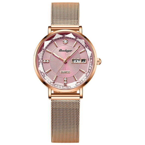 Waterproof Luminous Women's Alloy And Stainless Steel Casual Quartz Watch With Dual Calendar And Round Dial