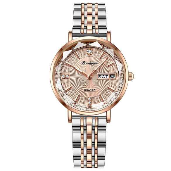Waterproof Luminous Women's Alloy And Stainless Steel Casual Quartz Watch With Dual Calendar And Round Dial