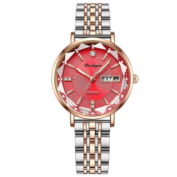 Waterproof Luminous Women's Alloy And Stainless Steel Casual Quartz Watch With Dual Calendar And Round Dial
