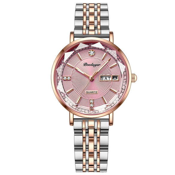 Waterproof Luminous Women's Alloy And Stainless Steel Casual Quartz Watch With Dual Calendar And Round Dial