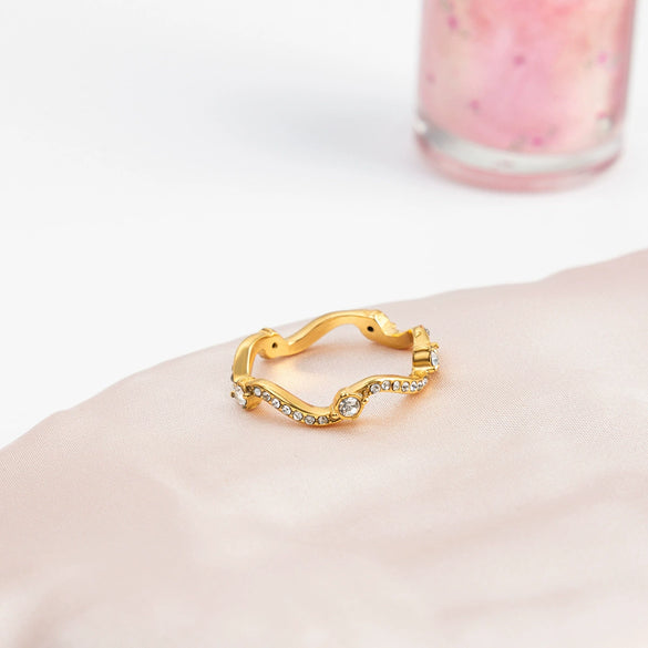 Wave Diamond Ring Stainless Steel Gold Plated Hand Jewelry