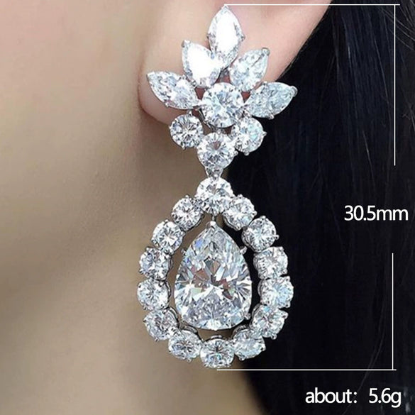 Wedding Accessories Copper Zircon Water Drop Earrings With Flower Design
