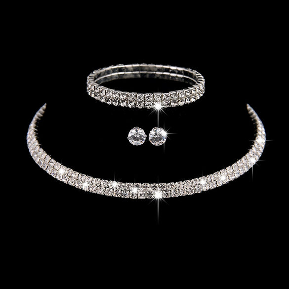 Wedding Accessories Neck Necklace Jewelry Set Silverplated Women's Collar Earrings Elastic Bracelet Threepiece Set