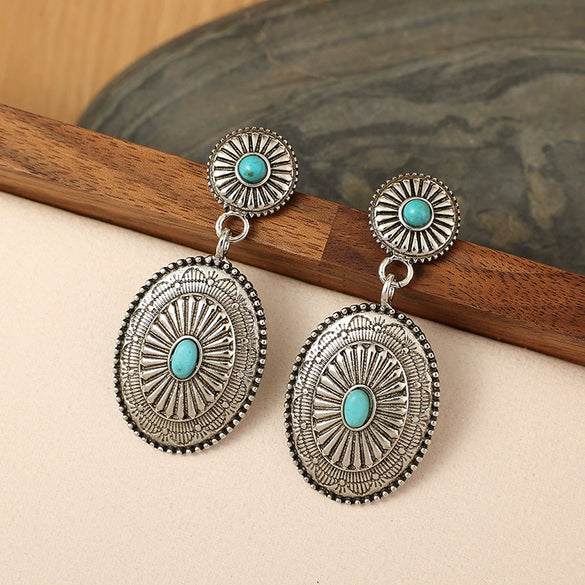 Westernstyle Vintage Turquoise Drop Shape Alloy Earrings With Electroplating