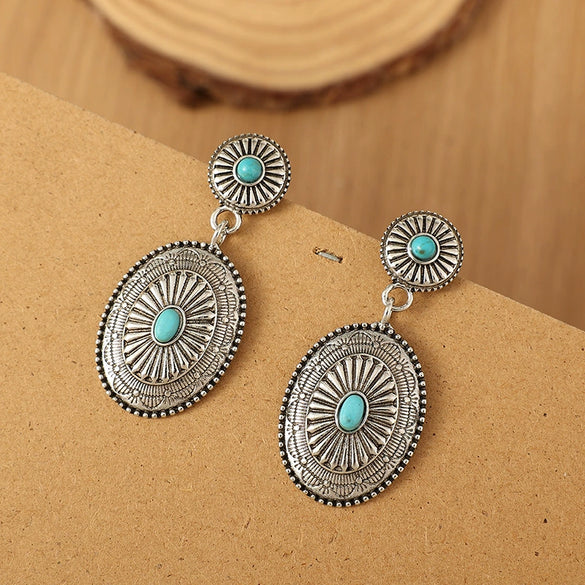 Westernstyle Vintage Turquoise Drop Shape Alloy Earrings With Electroplating