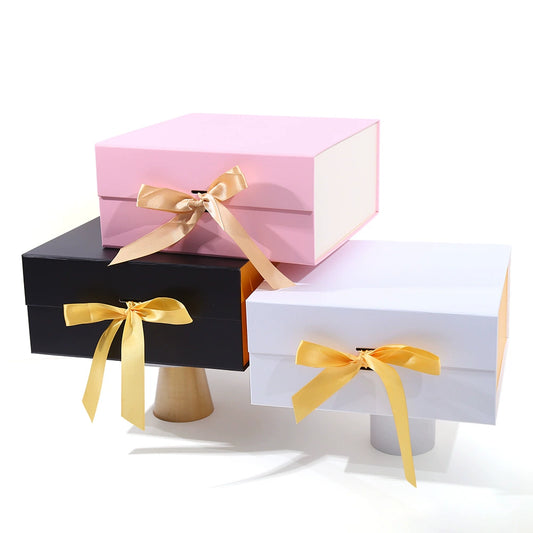 White Cardboard Folding Gift Box With Flip Top Magnetic Closure And Ribbon For Valentine’s Day And Birthday Gift Packaging