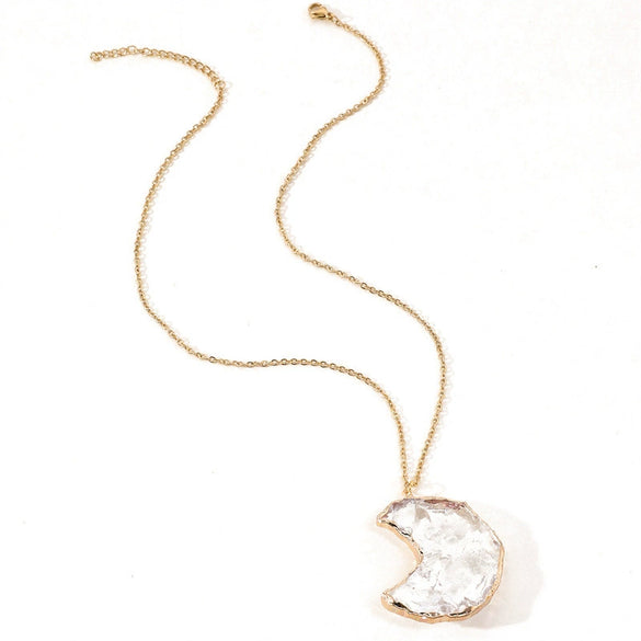 White Crystal Moon And Heart Pendant Necklace With Natural Stone Alloy Charm And Stainless Steel O Chain For Women
