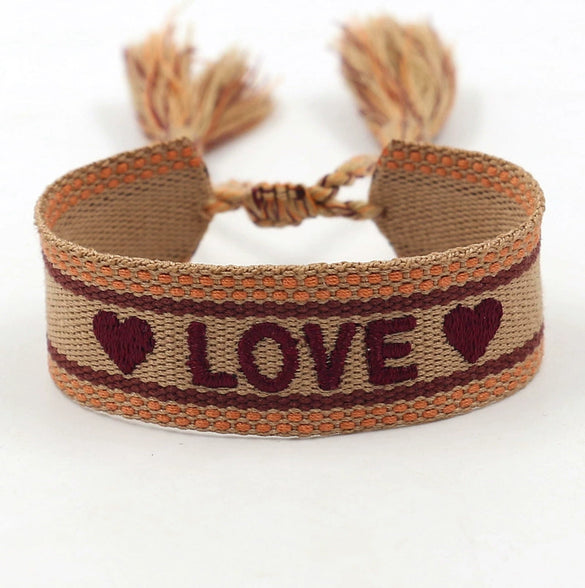 Wholesale Accessories Gold Thread Embroidered Love Letter Wrist Strap Handwoven Tassel Bracelet