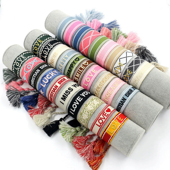 Wholesale Accessories Gold Thread Embroidered Love Letter Wrist Strap Handwoven Tassel Bracelet
