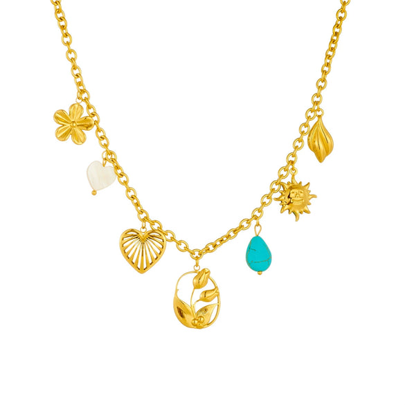 Wholesale Accessories Pendant Stainless Steel Gold Plated Love Flower Sun O Word Chain Necklace For Women Fashion Retro Multi Element