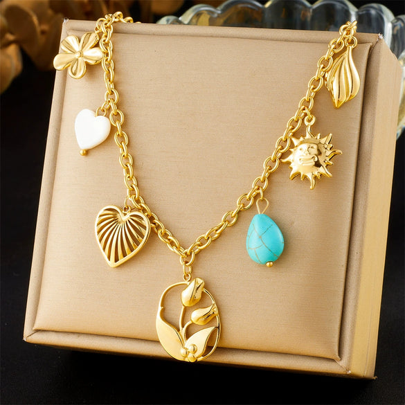 Wholesale Accessories Pendant Stainless Steel Gold Plated Love Flower Sun O Word Chain Necklace For Women Fashion Retro Multi Element