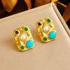 Wholesale Accessories Stainless Steel Earrings Retro Palace Style Inlaid Blue Pine Stone Geometric Pattern Gold Plated